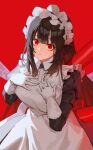  1girl absurdres apron bangs blunt_bangs breasts brown_hair frilled_apron frills gloves hands_on_own_chest highres last_origin long_hair looking_at_viewer maid maid_apron maid_headdress red_background red_eyes sanpaku scissors_lise simple_background solo tunamayo_(dsasd751) white_apron white_gloves wide-eyed yandere 