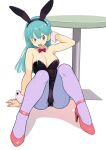  1girl absurdres animal_ears annoyed aqua_hair arm_support bangs bare_shoulders black_leotard blue_eyes blue_hair bow bowtie breasts bulma detached_collar dragon_ball dragon_ball_(classic) fake_animal_ears full_body hand_on_own_head high_heels highres leotard long_hair looking_up medium_breasts open_mouth pantyhose playboy_bunny playboy_bunny_leotard rabbit_ears red_footwear rokoido12 simple_background sitting solo strapless strapless_leotard table white_background wrist_cuffs 