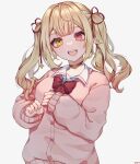  1girl :d bangs beige_sweater blonde_hair blunt_bangs blush bow bowtie choker eyebrows_behind_hair heterochromia highres hoshikawa_sara long_hair looking_at_viewer moqin nijisanji pink_eyes red_bow red_bowtie simple_background sleeves_past_wrists smile solo twintails upper_body white_background yellow_eyes 