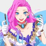  1girl :d bangs blue_eyes breasts candy collarbone detached_collar earrings food gloves grey_background hiyari_(hiyarilol) holding holding_food jewelry large_breasts league_of_legends long_hair looking_at_viewer off_shoulder pink_hair puffy_short_sleeves puffy_sleeves seraphine_(league_of_legends) shiny shiny_hair short_sleeves simple_background smile solo star_tattoo tattoo teeth tongue upper_teeth white_gloves 