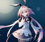  1boy 695281102 animal_ears astolfo_(fate) black_legwear bow braid crossdressing dress fate/grand_order fate_(series) gloves highres long_sleeves male_focus moon otoko_no_ko pale_skin pink_hair rabbit_ears sky star_(sky) starry_sky thigh-highs 