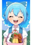  1girl :d ^_^ bangs bento blue_bow blue_hair blue_sky bow cirno closed_eyes clouds collared_shirt eyebrows_visible_through_hair facing_viewer food hair_bow miz_(mizillustration) omelet onigiri open_mouth outdoors puffy_short_sleeves puffy_sleeves shirt short_hair short_sleeves sky smile solo tamagoyaki touhou upper_body white_shirt 