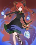  1girl :3 animal_ears black_bow black_footwear blue_fire bow bowtie braid cat_ears cat_tail dress extra_ears fire flaming_skull floating_skull ghost glowing glowing_eyes green_dress high_heels highres hikichidayo hitodama juliet_sleeves kaenbyou_rin leg_ribbon long_sleeves multiple_tails puffy_sleeves red_background red_bow red_eyes redhead ribbon skull tail touhou twin_braids twintails two_tails 