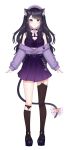  1girl animal_ears bangs bell beret blush bow cat_ears cat_girl crop_top crys_(crysillust) hat heart highres indie_virtual_youtuber off_shoulder official_art pink_bow purple_headwear purple_skirt purple_sweater shimotsuki_miri skirt smile solo sweater sweater_tucked_in two_side_up violet_eyes virtual_youtuber white_background 