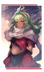  1girl baketsu closed_mouth clouds dark-skinned_female dark_skin emerada_(xenogears) green_hair highres long_hair looking_at_viewer midriff navel scarf skirt solo torn_clothes xenogears yellow_eyes 