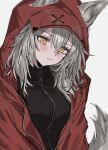  1girl animal_ears aogisa arknights bangs blurry blurry_background blush breasts closed_mouth ears_through_headwear eyebrows_visible_through_hair green_hair hair_between_eyes highres hood hooded_jacket jacket long_hair long_sleeves looking_at_viewer projekt_red_(arknights) projekt_red_(light_breeze)_(arknights) simple_background solo tail upper_body white_background wolf_ears wolf_tail yellow_eyes zipper 