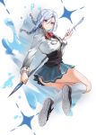  1girl alternate_hairstyle blue_eyes braid dulldull full_body genshin_impact half-closed_eyes highres holding holding_weapon long_sleeves looking_at_viewer polearm school_uniform shenhe_(genshin_impact) shoes skirt socks twin_braids weapon white_hair 