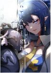  1girl :d absurdres arknights black_gloves blue_eyes blue_hair breasts copyright_name detached_collar earrings fingerless_gloves gloves gourd highres index_finger_raised jewelry large_breasts ling_(arknights) liuyun_baihua looking_at_viewer necktie parted_lips pointy_ears smile solo upper_body yellow_necktie 