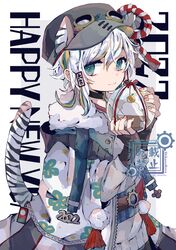  1boy 2022 animal_ears animal_print blonde_hair bloomminority blue_eyes blue_hair chinese_zodiac fantasy highres male_focus multicolored_hair original pale_skin solo tail tiger_boy tiger_ears tiger_print tiger_stripes tiger_tail white_hair year_of_the_tiger 