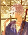  1boy absurdres bangs bug butterfly butterfly_on_nose chinese_commentary collarbone commentary gintama hand_up highres japanese_clothes kimono leaf looking_at_animal looking_to_the_side male_focus parted_lips purple_kimono qing_yu red_eyes sakata_gintoki sheath sheathed short_hair solo sword upper_body weapon white_hair window 