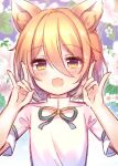  1girl animal_ears bangs blonde_hair blush bow brown_hair eyebrows_visible_through_hair eyes_visible_through_hair fingernails floral_background flower fox_ears gradient gradient_hair green_bow hair_between_eyes hands_up highres kudamaki_tsukasa leaf light_brown_hair long_fingernails looking_at_viewer multicolored_hair open_mouth pink_flower pjrmhm_coa romper short_hair short_sleeves smile solo touhou upper_body white_romper yellow_eyes 