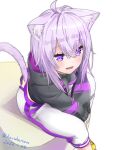  1girl animal_ear_fluff animal_ears black_jacket cat_ears cat_tail commentary_request dated from_above haruyama_kazunori hololive jacket long_sleeves nekomata_okayu open_mouth purple_hair short_hair simple_background sitting solo tail twitter_username violet_eyes virtual_youtuber white_background 