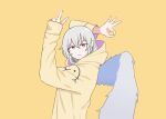  1girl :&lt; alternate_costume arms_up bangs beige_hoodie blush braid commission crossover english_commentary eyebrows_visible_through_hair eyelashes feathered_wings feet_out_of_frame french_braid goodbye_sengen_(vocaloid) half_updo hood hood_down hoodie kishin_sagume long_sleeves looking_at_viewer mata_(matasoup) meme ok_sign red_eyes shiny shiny_hair short_hair simple_background single_wing solo touhou upper_body v wings yellow_background 