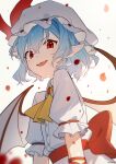  1girl arm_ribbon ascot bangs blue_hair hat hat_ribbon highres hua_ben_wuming looking_at_viewer mob_cap open_mouth pointy_ears red_eyes red_ribbon remilia_scarlet ribbon shirt short_sleeves smile solo touhou upper_body white_background white_headwear white_shirt yellow_ascot 