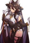  1girl absurdres animal_ears asymmetrical_clothes asymmetrical_hair breasts brown_hair closed_eyes cowboy_shot detached_sleeves expressionless extra_ears frilled_sleeves frills galleon_(granblue_fantasy) gloves granblue_fantasy highres horns large_breasts long_hair multicolored_hair pelvic_curtain pointy_ears shiny shiny_skin solo streaked_hair thighs very_long_hair wakkiau 