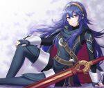  1girl 2021 bangs black_pants blue_eyes blue_hair boots brown_hairband closed_mouth dated fingerless_gloves fire_emblem fire_emblem_awakening floating_hair gloves grey_footwear grey_gloves hair_between_eyes hairband hand_on_own_knee happy_birthday highres long_hair looking_at_viewer lucina_(fire_emblem) pants shinae shiny shiny_hair sitting smile solo thigh-highs thigh_boots very_long_hair 