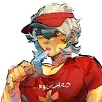  1boy arknights bags_under_eyes bishounen eating english_text food grey_eyes grey_hair hat highres jaye_(arknights) jaye_(beach_guard)_(arknights) linhuuuu male_focus popsicle red_shirt shirt short_hair simple_background sleepy solo tired toned upper_body visor_cap 
