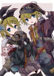  1boy 1girl black_legwear blonde_hair bloomminority blue_eyes bow gas_mask gloves hair_ornament hairclip hat highres kagamine_len kagamine_rin mask pants siblings skirt steampunk thigh-highs twins vocaloid 