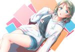  1girl bare_legs blue_eyes blue_shorts earrings hair_intakes hood hood_down hooded_sweater jewelry long_sleeves looking_at_viewer love_live! love_live!_sunshine!! lying on_back open_mouth shiny shiny_hair short_hair short_shorts shorts silver_hair solo sweater toine watanabe_you white_sweater 