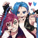  2girls arcane:_league_of_legends arcane_jinx arcane_vi asymmetrical_bangs bangs blue_eyes blue_hair blue_nails braid brown_shirt character_name claw_pose crop_top ear_piercing fangs finger_in_mouth freckles green_eyes hands_up heart highres hiyari_(hiyarilol) jacket jinx_(league_of_legends) league_of_legends long_hair looking_at_viewer mismatched_nail_polish multiple_girls nail_polish neck_tattoo nose_piercing piercing red_jacket red_nails redhead shiny shiny_hair shirt short_hair siblings sidecut sisters tattoo teeth twin_braids vi_(league_of_legends) 