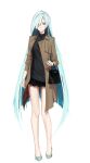  1girl bag bare_legs black_shirt black_skirt brown_coat brynhildr_(fate) closed_mouth coat fate/empire_of_dirt fate_(series) full_body game_cg grey_footwear hair_over_one_eye highres holding holding_bag ikemeru19 long_hair long_sleeves looking_at_viewer miniskirt open_clothes open_coat pumps school_bag shirt silver_hair skirt solo standing straight_hair tachi-e transparent_background very_long_hair violet_eyes 