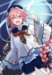  &gt;:) 1boy alternate_costume astolfo_(fate) astolfo_(saber)_(fate) bow braid crossdressing fate/grand_order fate_(series) hat long_sleeves otoko_no_ko pale_skin pink_hair ribbon short_shorts shorts si_cham solo thigh-highs v-shaped_eyebrows violet_eyes 