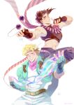  2boys abs absurdres blonde_hair blue_eyes bola_(weapon) brown_hair bubble crop_top facial_mark fingerless_gloves gloves green_eyes green_jacket groin headband highres hydrokinesis jacket jojo_no_kimyou_na_bouken male_focus midriff mogy88428 multicolored_clothes multicolored_scarf multiple_boys one_eye_closed pink_scarf pointing purple_scarf scarf signature striped striped_scarf water 