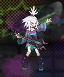  1girl 4091 :d bass_guitar black_footwear boots commentary_request dress freckles full_body hair_bobbles hair_ornament holding holding_instrument instrument looking_at_viewer open_mouth outstretched_arm pixel_art platform_boots pokemon pokemon_(game) pokemon_bw2 roxie_(pokemon) smile solo spiky_hair standing striped striped_dress teeth tongue topknot two-tone_dress white_hair 