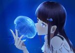  1girl bangs bare_shoulders black_hair blue_background blue_eyes blunt_bangs commentary frills glowing hair_ornament hairclip hand_up highres jellyfish kiss off_shoulder original sidelocks solo sparkle upper_body yaaben 