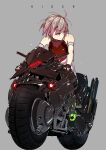  1girl absurdres apapico arm_strap bangs bare_shoulders black_gloves breasts closed_mouth commentary english_commentary eyebrows_visible_through_hair fingerless_gloves gloves glowing grey_background grey_hair ground_vehicle highres leaning_forward looking_away looking_to_the_side medium_breasts motor_vehicle motorcycle on_motorcycle original red_eyes red_shirt shirt short_hair simple_background skin_tight sleeveless solo 