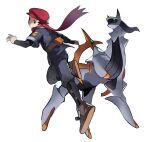  1boy absurdres arceus black_eyes black_hair black_shirt brown_footwear closed_mouth commentary_request floating_scarf grey_jacket hand_up hat highres jacket korean_commentary male_focus na1_pkmn pants pokemon pokemon_(creature) pokemon_(game) pokemon_legends:_arceus red_headwear red_scarf rei_(pokemon) scarf shirt shoes short_hair white_background 