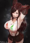  1girl aestheticc-meme bikini bikini_under_clothes black_hair black_skirt breasts crop_top final_fantasy final_fantasy_vii final_fantasy_vii_remake flag_print highres italian_flag large_breasts long_hair looking_at_viewer low-tied_long_hair navel overalls red_eyes see-through shiny shiny_hair shiny_skin shirt skirt solo standing suspender_skirt suspenders sweat swimsuit tank_top taut_clothes taut_shirt tifa_lockhart wet wet_clothes wet_shirt white_tank_top 