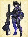  1girl anti-materiel_rifle barcode barcode_tattoo belt black_hair bodysuit camouflage chain_paradox closed_mouth covered_navel facial_tattoo full_body glowing gun headgear hetza_(hellshock) holding holding_weapon looking_at_viewer rifle science_fiction sniper_rifle solo standing tattoo vest violet_eyes weapon yellow_background 