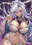  1girl bangs breasts commentary_request dark-skinned_female dark_skin fangs fediel_(granblue_fantasy) granblue_fantasy groin hair_between_eyes hand_up highres horns large_breasts long_hair looking_at_viewer navel parted_lips silver_hair smile solo stomach violet_eyes wide_sleeves xephyrks 