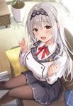  1girl azuki_yui black_legwear excited grey_hair hairband hands_up highres knees_together_feet_apart neck_ribbon open_mouth original pantyhose plant ribbon school_uniform sitting skirt solo yellow_eyes 