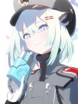  1girl animal_ears bear_ears blue_archive blue_hair closed_mouth commentary epaulettes flask gloves grey_headwear grey_jacket hand_up heart highres holding holding_flask jacket looking_at_viewer mimitoke shigure_(blue_archive) short_hair simple_background smile solo violet_eyes visor_cap white_background white_gloves 