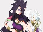  2girls :&lt; absurdres armor bangs bare_shoulders black_nails bracelet breasts closed_mouth collarbone food gold_armor grey_background hair_over_one_eye highres hiyari_(hiyarilol) holding ice_cream jewelry kayle_(league_of_legends) large_breasts league_of_legends long_hair morgana_(league_of_legends) multiple_girls nail_polish shoulder_armor siblings simple_background sisters sweat upper_body white_hair white_wings wings 
