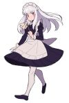  1girl do_m_kaeru eyebrows_visible_through_hair fire_emblem fire_emblem:_three_houses full_body long_hair long_sleeves looking_at_viewer lysithea_von_ordelia maid maid_headdress pantyhose simple_background solo white_background white_hair 