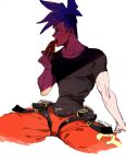  1boy biceps blue_eyes blue_hair eating galo_thymos highres male_focus mogy88428 no_jacket pizza_slice promare shirt sidecut sitting solo spiky_hair t-shirt 