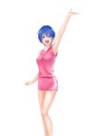  1girl :d absurdres arm_up armpits asahina_suzuka bangs bare_arms bare_legs blue_eyes blue_hair blush dolphin_shorts hair_between_eyes highres looking_at_viewer official_art pink_shirt pink_shorts seo_kouji shiny shiny_hair shirt short_hair short_shorts shorts simple_background sleeveless sleeveless_shirt smile solo sportswear standing suzuka white_background 