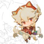  1boy ahoge animal_ears artist_name backpack bag berry chibi cosplay costume_switch cwilocky dress full_body genshin_impact gloves grey_hair hood hoodie klee_(genshin_impact) klee_(genshin_impact)_(cosplay) male_focus red_eyes short_hair simple_background sketch solo watermark 