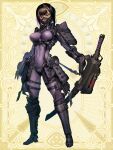  1girl armor belt black_hair black_mask bodysuit chain_paradox covered_navel full_body hetza_(hellshock) holding holding_weapon looking_at_viewer mask medium_hair mouth_mask purple_bodysuit science_fiction sheath sheathed solo standing sword tight violet_eyes weapon yellow_background 