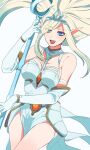  1girl :d bangs bare_shoulders blonde_hair blue_eyes breasts commentary cowboy_shot dress elbow_gloves eyebrows_visible_through_hair gloves highres hiyari_(hiyarilol) holding holding_staff janna_(league_of_legends) large_breasts league_of_legends long_hair open_mouth pointy_ears simple_background smile solo staff teeth tiara tongue white_background white_dress white_gloves 