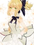 1girl artoria_pendragon_(all) black_bow blonde_hair bow breastplate caliburn dress eyebrows_visible_through_hair fate/grand_order fate/unlimited_codes fate_(series) faulds floating_hair gauntlets green_eyes hair_between_eyes hair_bow highres hn_hbr long_hair looking_at_viewer outdoors petals ponytail saber_lily signature sleeveless sleeveless_dress solo standing sword weapon white_dress
