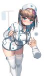  1girl absurdres black_choker blue_eyes blush breasts choker disembodied_limb hat highres holding_hands interlocked_fingers large_breasts looking_at_viewer multicolored_hair nurse nurse_cap ranf simple_background solo_focus standing stethoscope thigh-highs thighs white_background white_headwear white_legwear 
