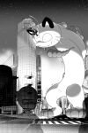  arms_behind_back building chida_daisuke city closed_mouth commentary_request energy fangs fangs_out gigantamax gigantamax_meowth greyscale highres leaning_forward looking_down meowth monochrome night outdoors pokemon pokemon_(creature) sky smile standing star_(sky) sweat toes trembling 