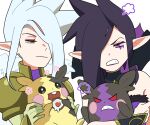  2girls angry armor bangs bare_shoulders black_hair clenched_teeth closed_mouth doughnut food gold_armor hair_over_one_eye hiyari_(hiyarilol) holding holding_food holding_pokemon kayle_(league_of_legends) league_of_legends morgana_(league_of_legends) morpeko morpeko_(full) morpeko_(hangry) multiple_girls pink_eyes pointy_ears pokemon pokemon_(creature) shoulder_armor siblings simple_background sisters smug teeth upper_body white_background white_hair 