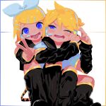 1boy 1girl angry annoyed arm_around_shoulder bass_clef blonde_hair blue_eyes bow brother_and_sister cheek_pinching detached_sleeves frown hair_bow hair_ornament hairclip headphones headset kagamine_len kagamine_rin knees_up leg_warmers looking_at_viewer m_(0913wldus) one_eye_closed open_mouth pinching pixel_art pose sailor_collar shorts siblings sitting tongue tongue_out twins v v-shaped_eyebrows vocaloid wince 