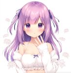  1girl :o bare_shoulders blue_bow blue_ribbon blush bow breasts collarbone commentary_request hair_ribbon jacket long_hair long_sleeves looking_at_viewer loungewear miyasaka_naco off_shoulder open_clothes open_jacket original parted_lips purple_hair ribbon simple_background sleeves_past_wrists small_breasts solo two_side_up upper_body violet_eyes white_background white_jacket 