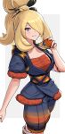  1girl blonde_hair blue_robe commentary_request cowboy_shot cynthia_(pokemon) gonzarez grey_eyes grin hair_over_one_eye hand_up highres holding holding_poke_ball long_hair looking_at_viewer pants poke_ball pokemon pokemon_(anime) pokemon_swsh_(anime) robe sarashi sash short_sleeves smile solo standing 